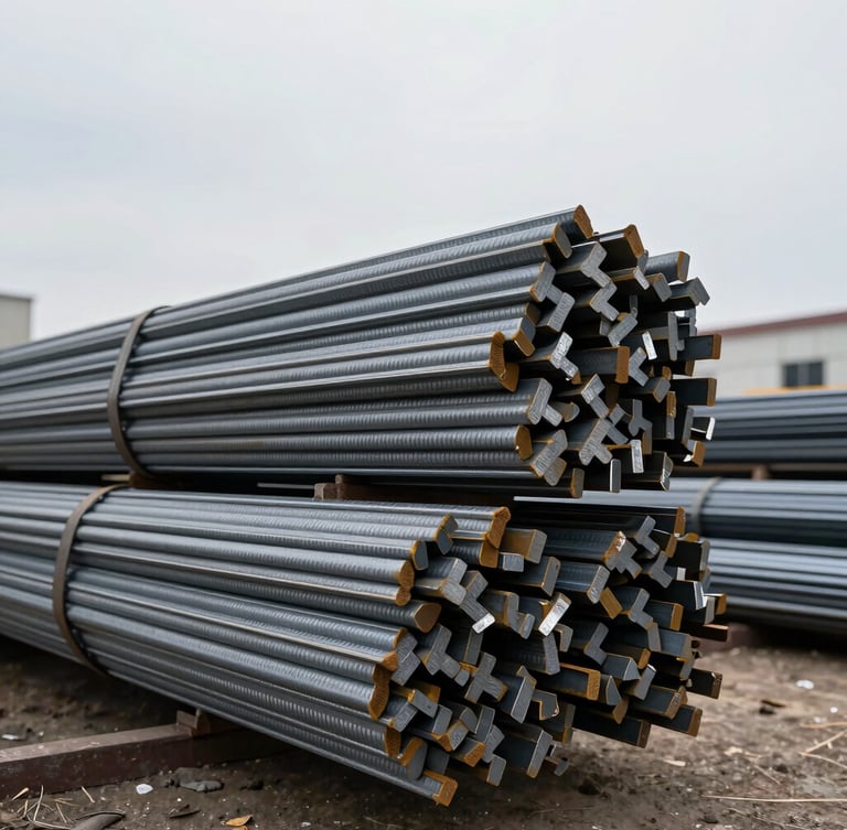 Low-angle heroic shot of bundled cross-ribbed TMT steel bars in an industrial yard, cool overcast daylight, high-contrast steel tones, sharp details, shallow depth of field, 35mm