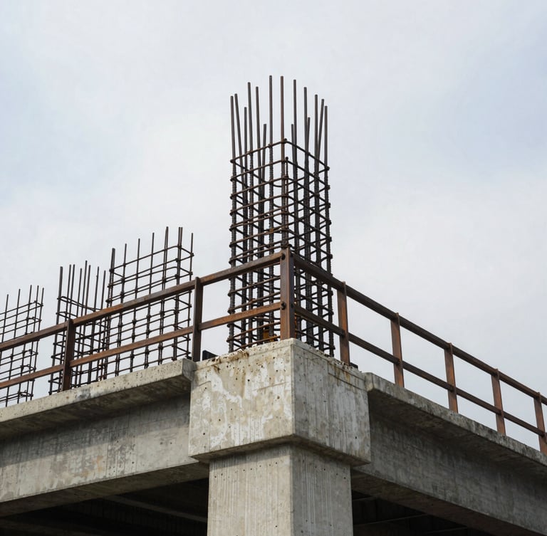 Low-angle shot of an active concrete bridge reinforcement framework under a cool overcast sky, sharp details, high-contrast steel tones, 35mm.