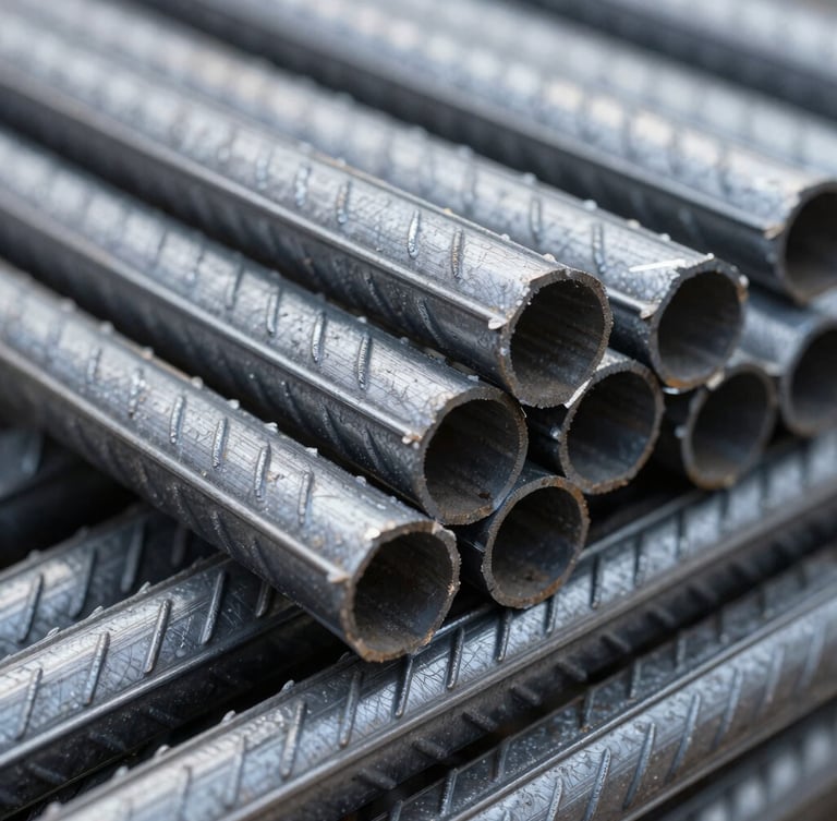 Extreme macro close-up of cross-ribbed TMT steel bar patterns, highlighting the precise deformation ribs under dramatic industrial lighting