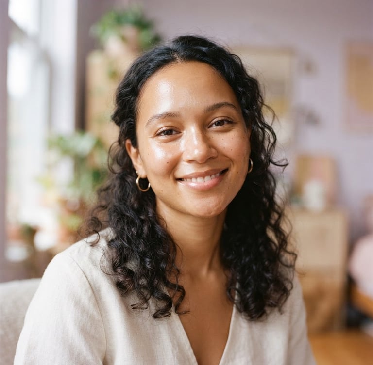 Portrait of a natural, diverse model with glowing, dewy skin, soft morning light, gentle champagne gold highlights, subtle lavender shadows, 35mm, relaxed candid portrait.