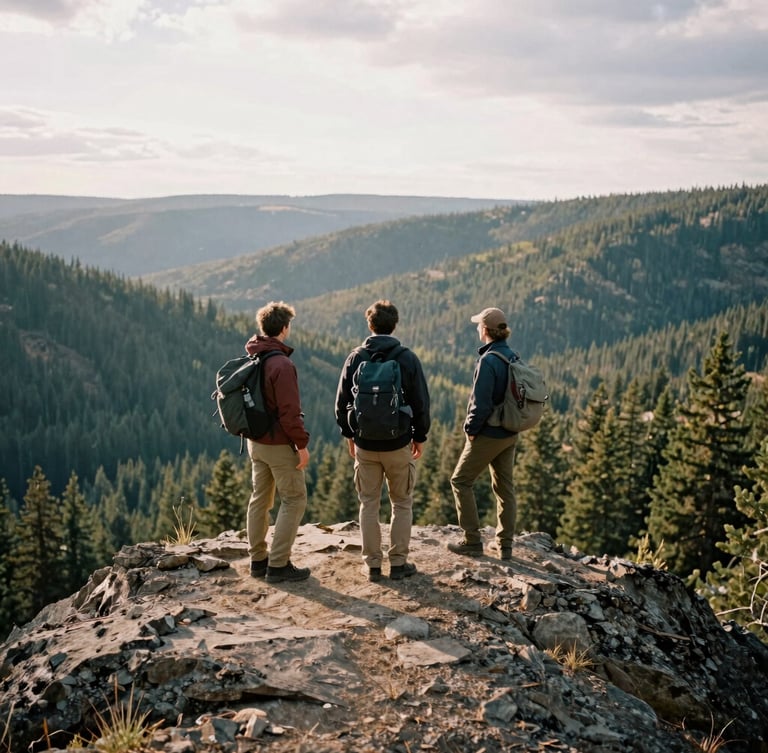 An unposed group of three guides standing on a rocky ridge in the Idaho wilderness, looking out over a vast forest valley, overcast daylight, authentic outdoor apparel, 35mm film style.