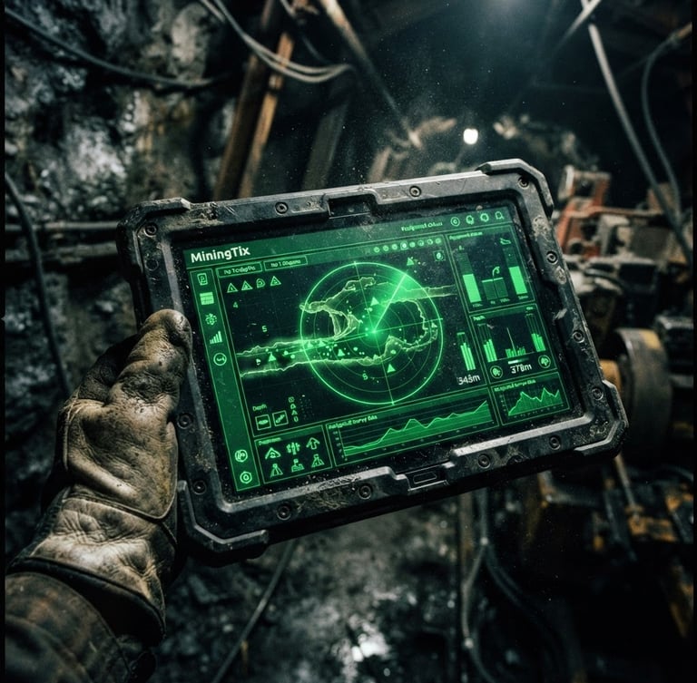 Extreme close-up of a ruggedized tablet displaying the MiningTix app interface, sharp radar-green UI elements, in a low-light industrial mining environment, screen glow illuminates surrounding dust, 35mm film look.