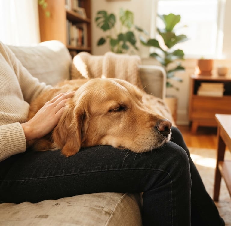 Close-up of a calm golden retriever resting its head on its owner's lap in a sunlit living room, soft natural indoor daylight, warm cream tones, shallow depth of field