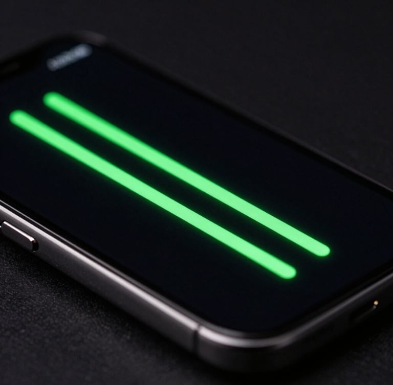 Extreme close-up macro shot of a mobile screen showing glowing neon green UI curves on a deep black background, dramatic hardware angle.