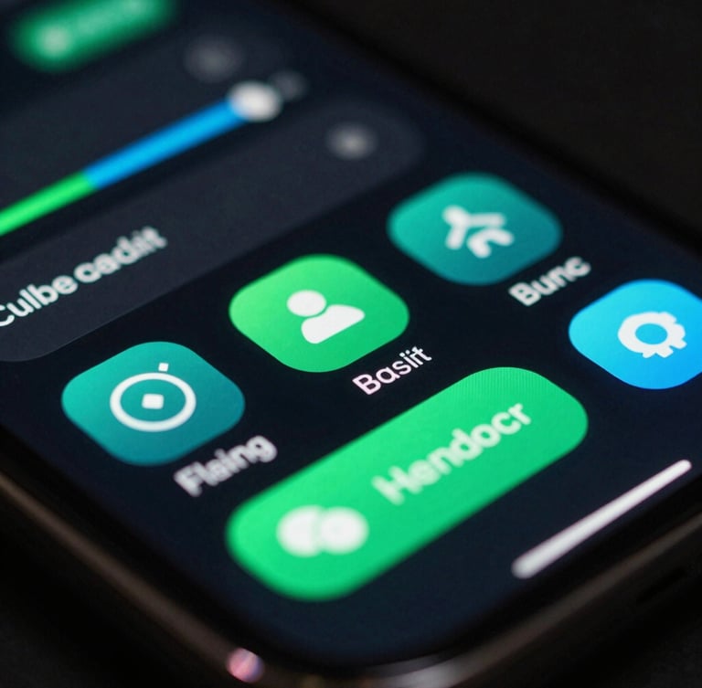 Extreme macro close-up of a mobile screen displaying a dark mode interface with glowing electric green and cyan UI elements, high contrast, screen glow, dark background with subtle neon rim lighting