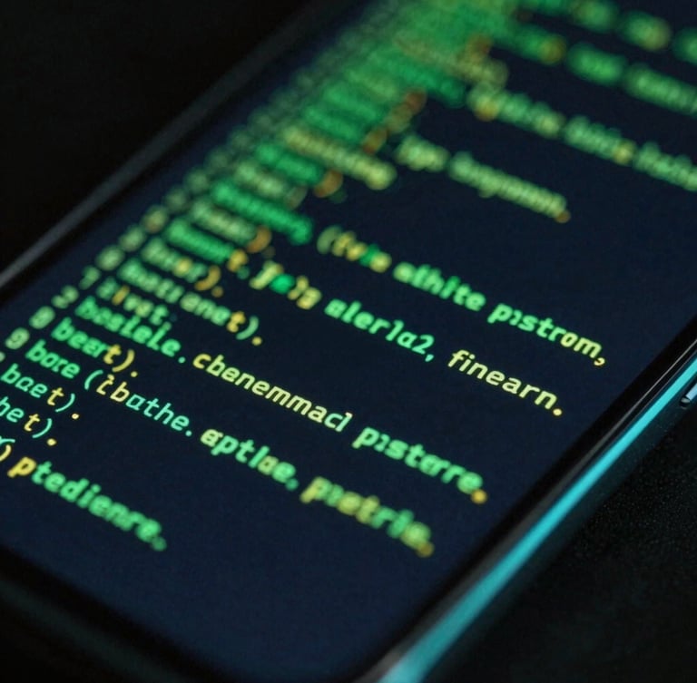 Extreme close-up on a high-end mobile screen showing glowing green code lines and fluid UI motion paths, dark background with cyan rim lighting.