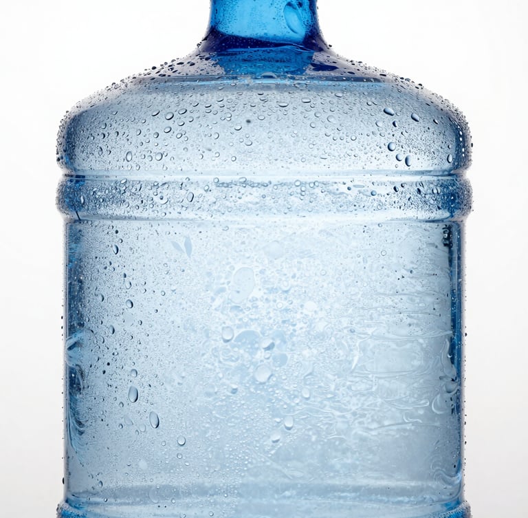 Crisp studio product photography of a premium 20L water can with condensation droplets, clean glass textures, cool high-key lighting with deep blue tones