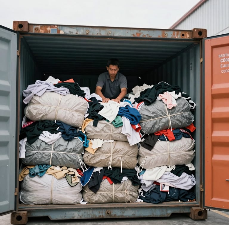 Portrait shot of a worker overseeing the loading of large, tightly packed bales of used clothing into a shipping container, bright warehouse overhead lighting, cool steel and cargo orange tones, sharp focus, 35mm