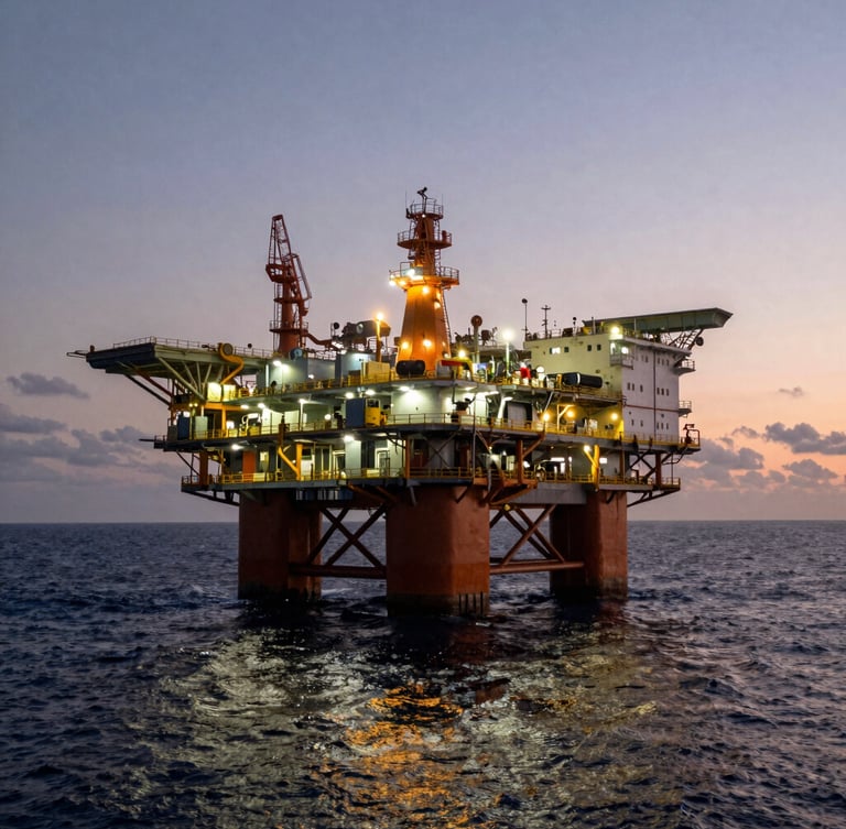 Vista aérea en ángulo bajo de una plataforma petrolera offshore en el Golfo de México durante el atardecer, iluminación industrial de alta intensidad reflejada en el mar, encuadre cinematográfico.