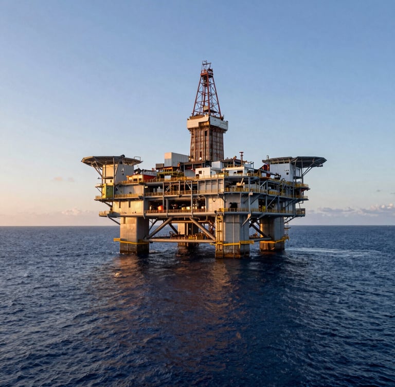 Wide-angle view of an offshore oil platform in the Gulf of Mexico during sunrise, steel structures reflecting warm light, deep blue sea.
