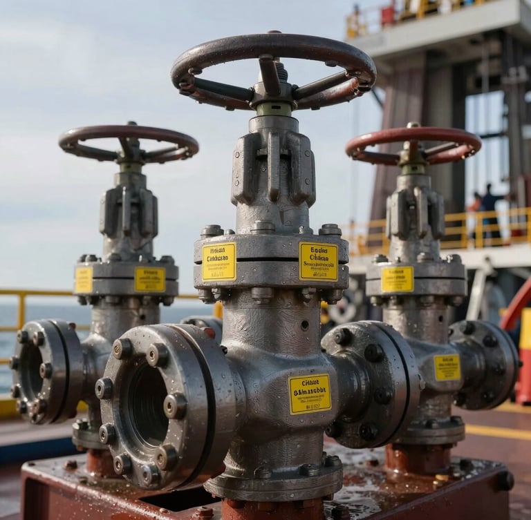 Close-up of high-pressure steel valves and Chiksan connections with yellow certification tags on an offshore drilling deck, natural dramatic daylight, professional oilfield engineering.
