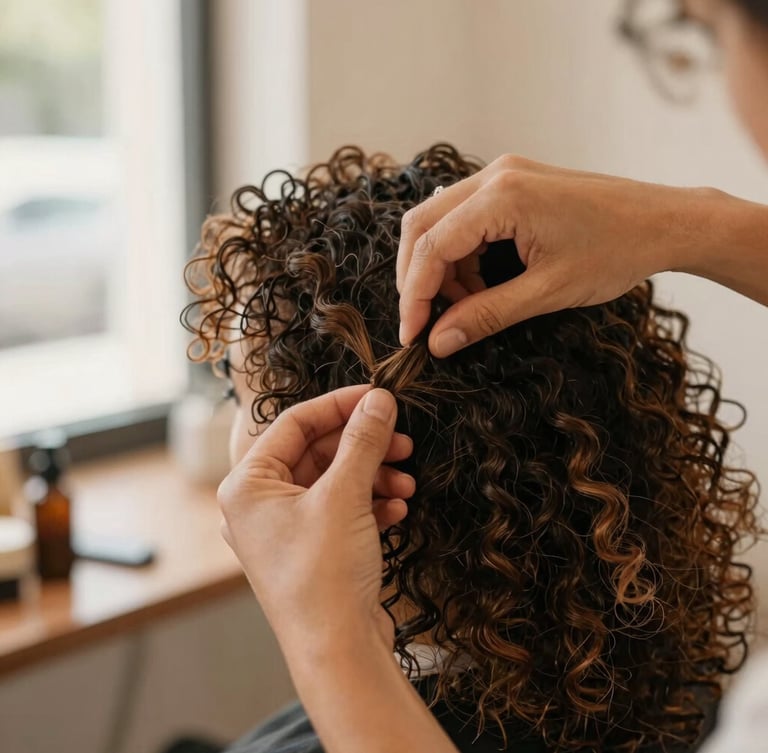 Close-up of Sâmia Silveira's hands carefully analyzing and parting natural curly hair in her warm, sunlit salon, soft focus, 35mm