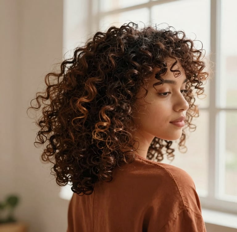 Warm editorial photography of natural curly hair in motion, soft natural window light, rich organic terracotta tones, shallow depth of field, 35mm