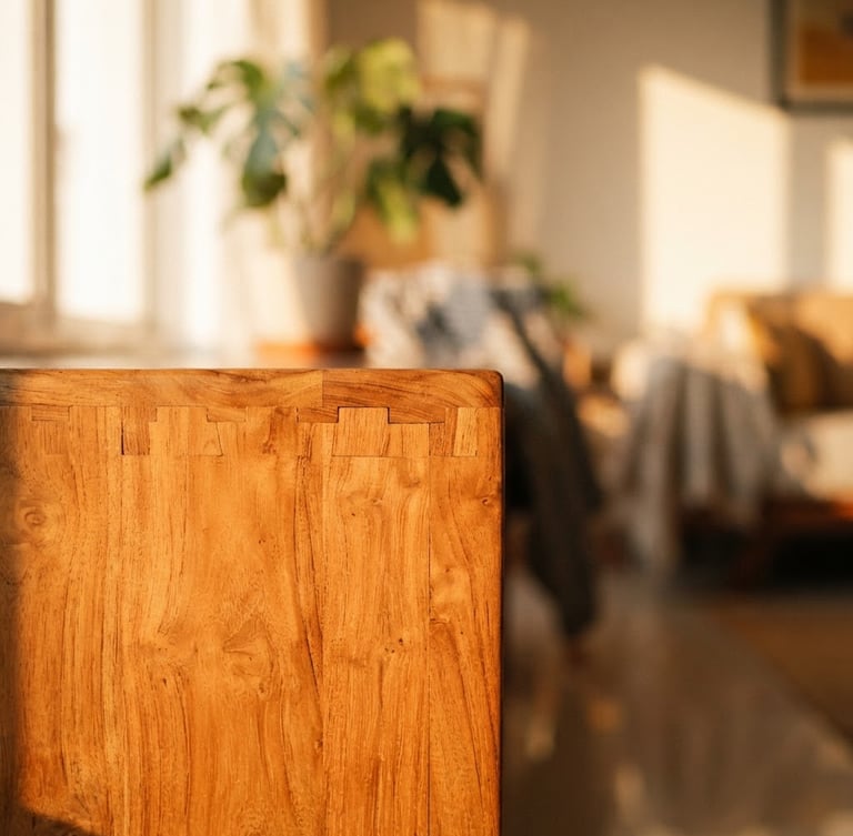 Close-up of hand-finished teak wood joinery in a bright Bangalore apartment, warm afternoon sunlight casting soft shadows, rich orange tones, shallow depth of field