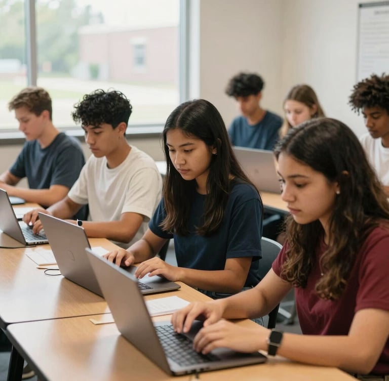 A group of diverse Fort Wayne students collaborating over laptops in a bright, modern classroom, natural Midwestern daylight, warm editorial photography