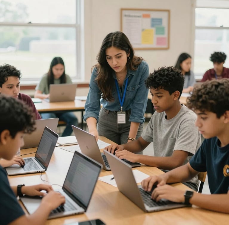 A bright classroom in Fort Wayne, Indiana, where an educator guides a diverse group of high school students collaborating over laptops, natural Midwestern daylight, warm editorial photography, 35mm.