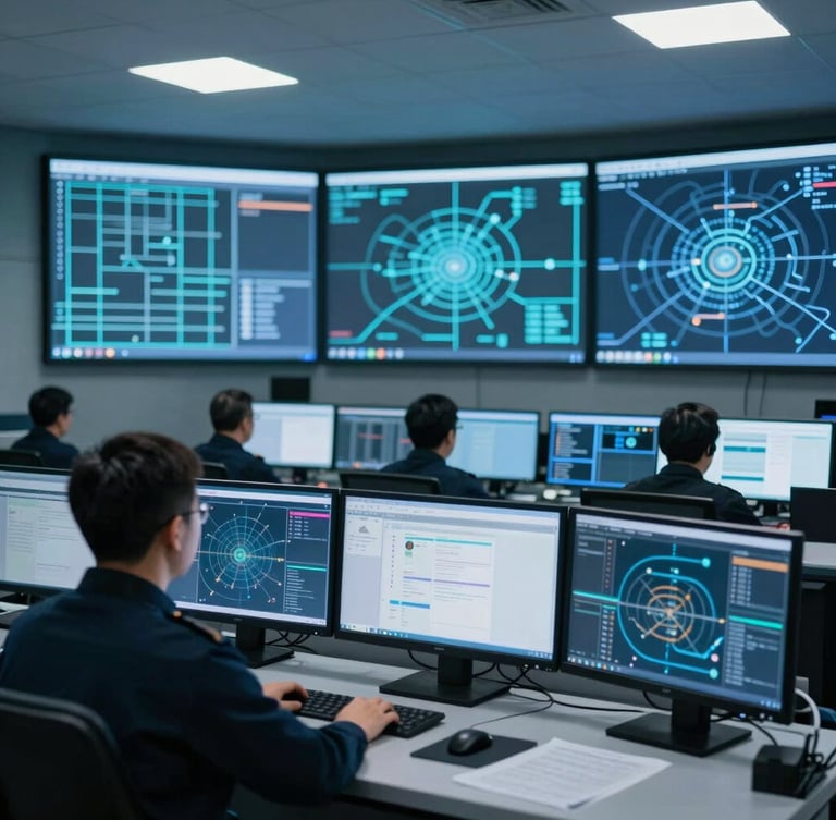 Wide panoramic shot of a high-tech security command center, cool blue lighting, multiple monitors displaying active network matrices, an operator in a dark uniform seen from behind in soft focus.