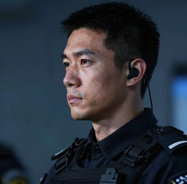 Close-up profile of a disciplined security specialist in a sharp dark tactical suit, focused expression, communication earpiece visible, low-key dramatic blue lighting.