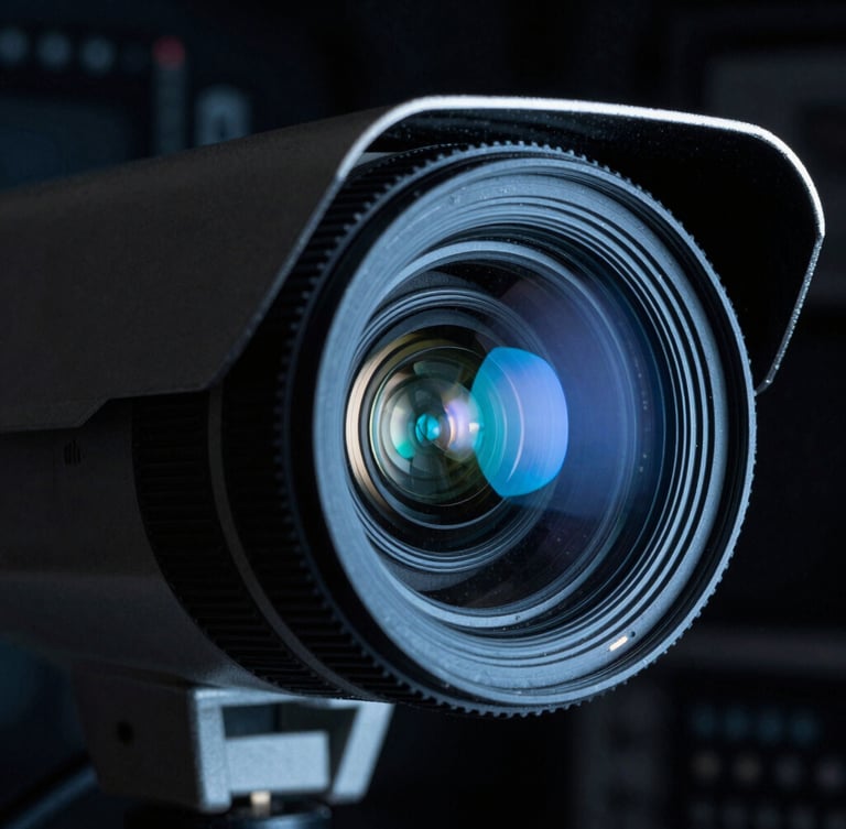 Macro close-up of a high-end CCTV camera lens reflecting sharp cool cyber-cyan light, dark technical background, low-key dramatic lighting, high-contrast.