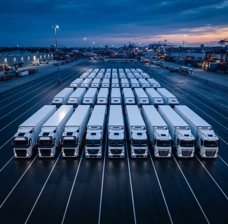 A modern fleet of white cargo trucks aligned on a clean asphalt road during blue hour, cinematic industrial lighting, sharp focus, wide-angle