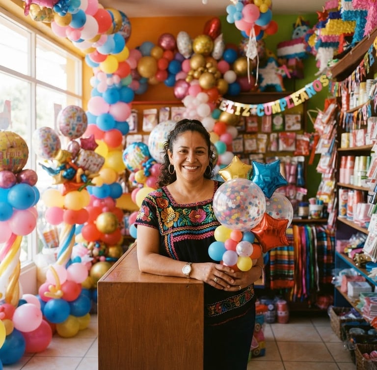 Bright warm photography of a cheerful Nicaraguan woman standing inside her colorful local party supply shop in Managua, surrounded by beautiful balloon arrangements, sunny natural daylight, clean editorial style, 35mm.