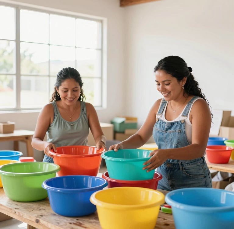 Sunny warm photography of two Nicaraguan women organizing colorful plastic basins and party supplies in a bright, clean warehouse, natural window light, joyful atmosphere, 35mm.