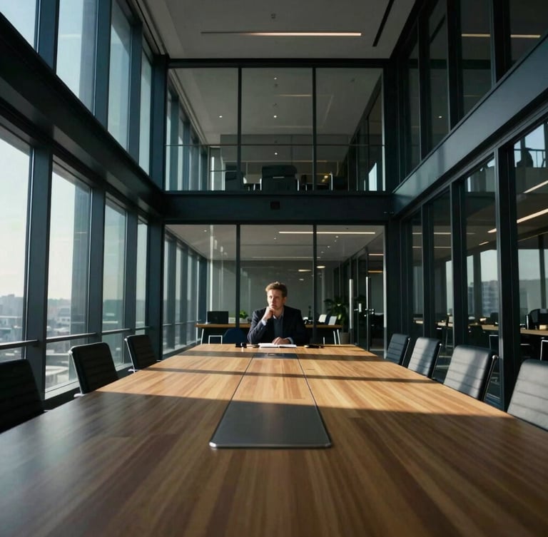 Cinematic wide angle of a modern glass and steel boardroom, sharp natural window light casting deep shadows, focused executive sitting off-center in deep thought, 35mm lens.