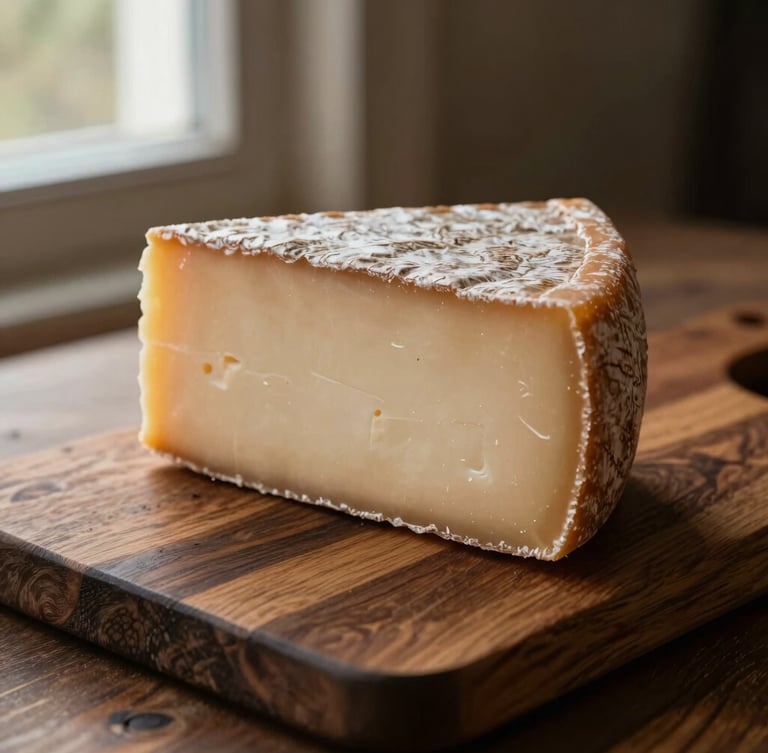 Macro shot of a textured wedge of aged cheese with a rustic natural rind on a dark raw oak board, warm side window light, deep shadows, 35mm editorial photography