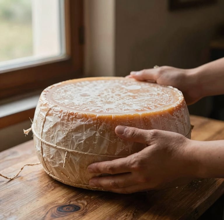 Close-up of hands wrapping a mature cheese wheel in rustic paper and jute twine, warm side light from a cellar window, shallow depth of field, 35mm