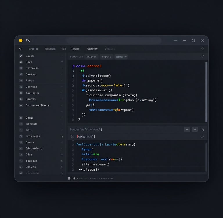 Sleek dark mode software UI showing a clean code editor and database schema, cool-toned studio lighting, sharp focus, macro lens
