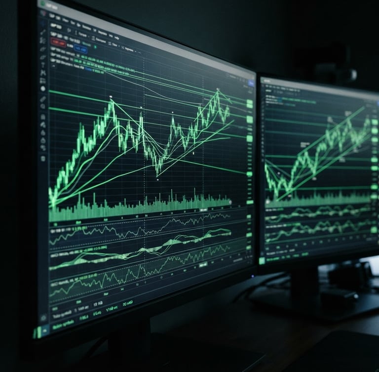 Macro shot of dual-monitor setup displaying complex real-time financial charts, dark-mode tech photography, neon green screen reflections, sharp focus, 35mm