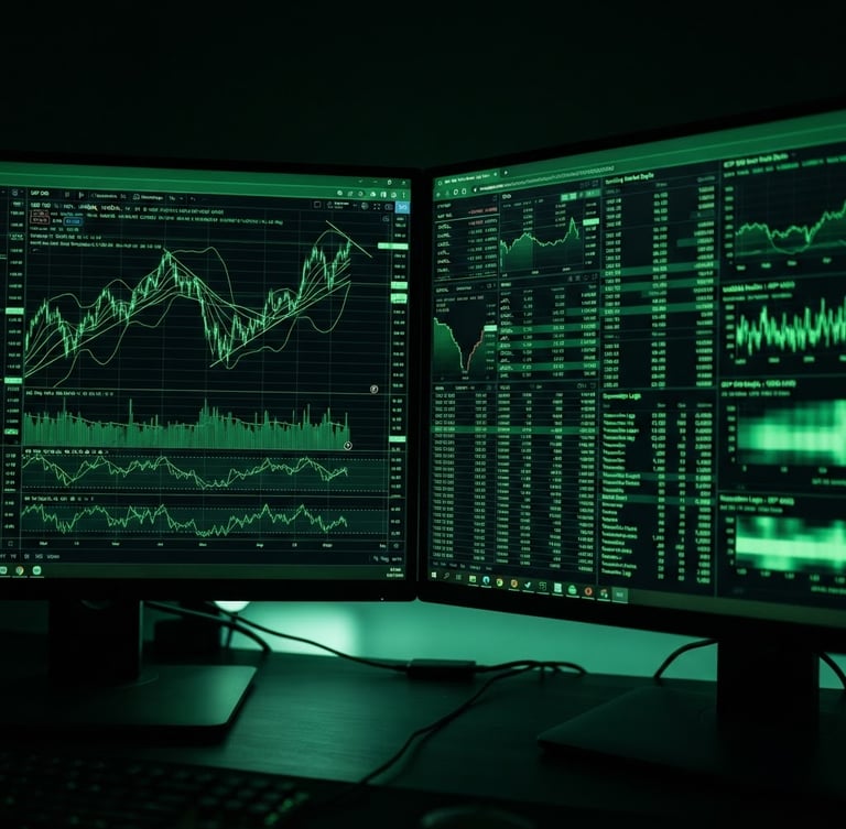 Macro shot of a dual-monitor setup displaying complex green financial charts and real-time RTP data streams, moody low-key ambient light, neon green screen reflections, 35mm.