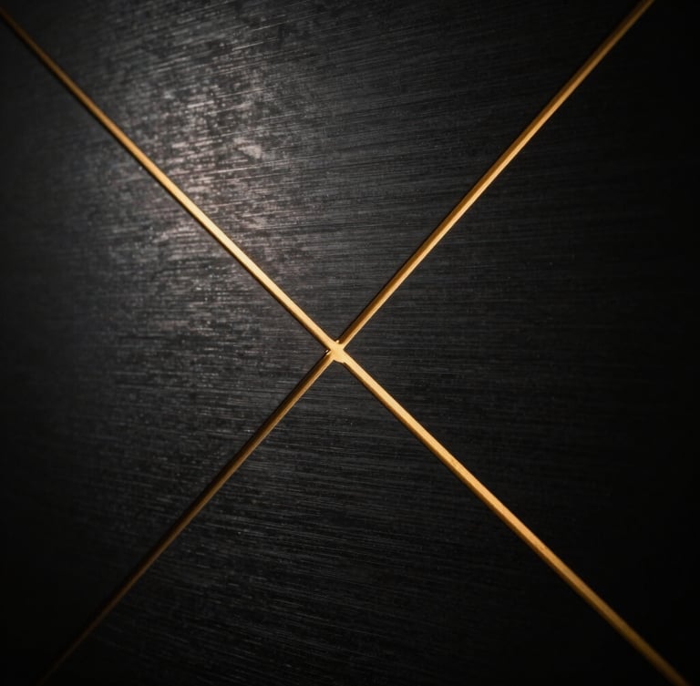 Cinematic dark photography, macro shot of a dark brushed titanium panel with razor-thin gold geometric lines, dramatic single-source side lighting, 35mm