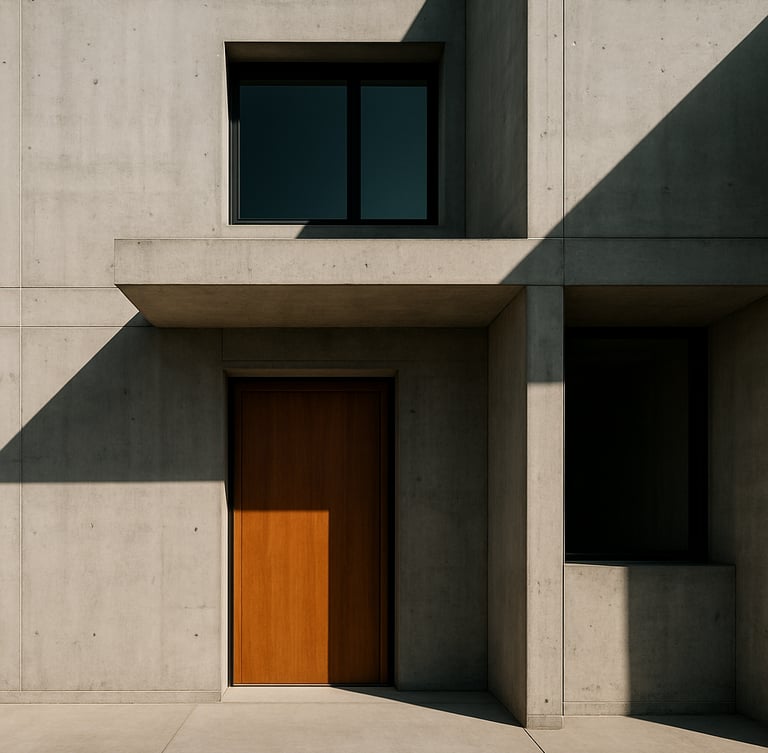 Straight-on architectural elevation of Casa Origen facade, high-contrast natural sunlight casting sharp geometric shadows, raw concrete texture, minimalist steel framing, warm wood accents.