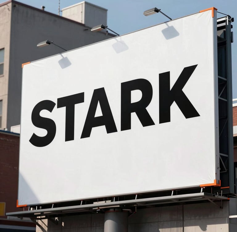 Stark high-contrast close-up of a massive physical billboard in an industrial district, hard-shadowed daylight, safety orange accents visible on paper edges, raw street-level composition.