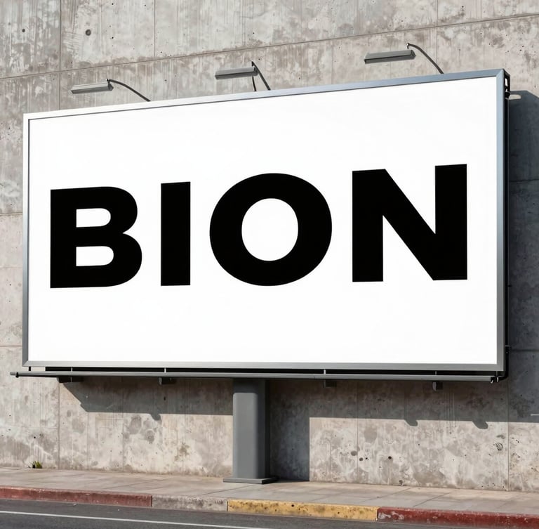 Wide environmental shot of a massive physical billboard in a raw urban concrete landscape, stark high-contrast daylight, bold minimalist typography on the billboard, hard shadows.