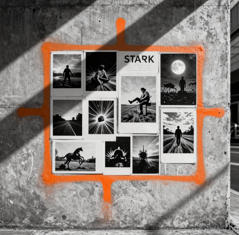 Stark black and white wild postings on a concrete city wall, safety orange spray-paint accent, hard shadows from raw daylight.
