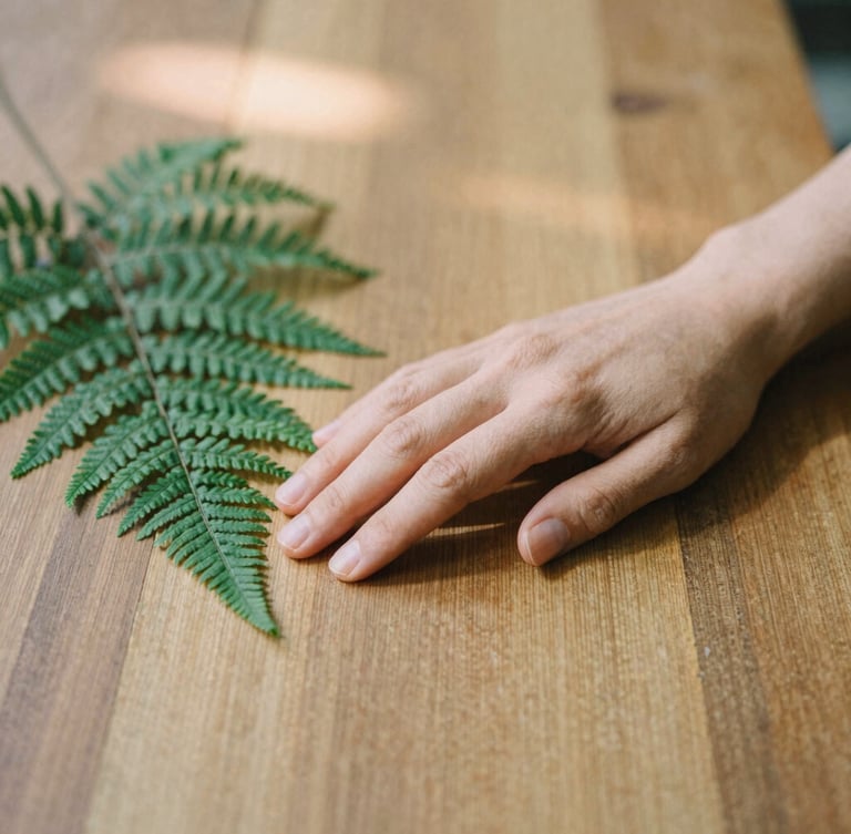 A close-up of a person's hand gently resting on a textured wooden table next to a small green fern, soft morning light, warm organic tones, 35mm editorial photography