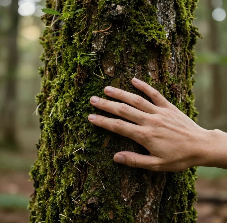 Close-up of a human hand gently touching a moss-covered tree trunk, soft morning light filtering through forest canopy, shallow depth of field, warm organic tones.