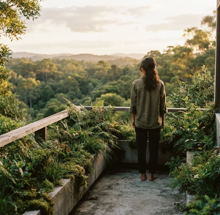 Warm editorial photography, soft dappled light, minimalist concrete balcony integrated with wild ferns and native plants, a person standing with back to camera looking at the green horizon, 35mm