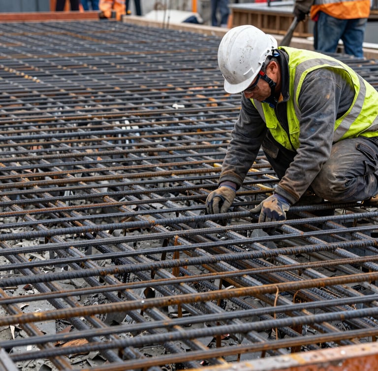Macro close-up of a master builder in safety gear inspecting a massive steel rebar grid before a concrete pour, overcast daylight, sharp details.