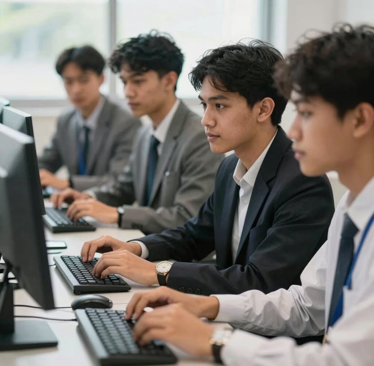A close-up of professional Indonesian business students collaborating in a modern computer laboratory, natural bright daylight, shallow depth of field