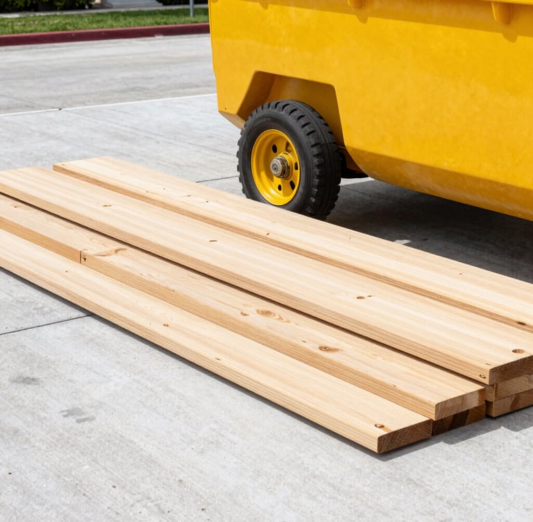 Close-up of thick wooden protective planks placed neatly on a clean concrete driveway, a heavy-duty yellow dumpster wheel resting safely on top, bright Miami daylight, sharp focus.