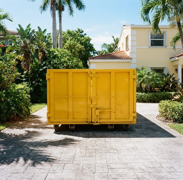 A clean, bright yellow roll-off dumpster placed neatly on a sunny Miami residential driveway, sharp focus, high-contrast shadows, 35mm