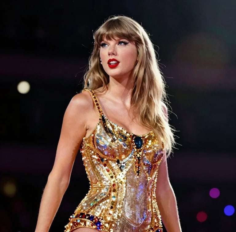 Cinematic close-up of Taylor Swift in a glittering gold dress performing on stage, dramatic warm spotlight, dark background with subtle light leaks, 35mm film grain.