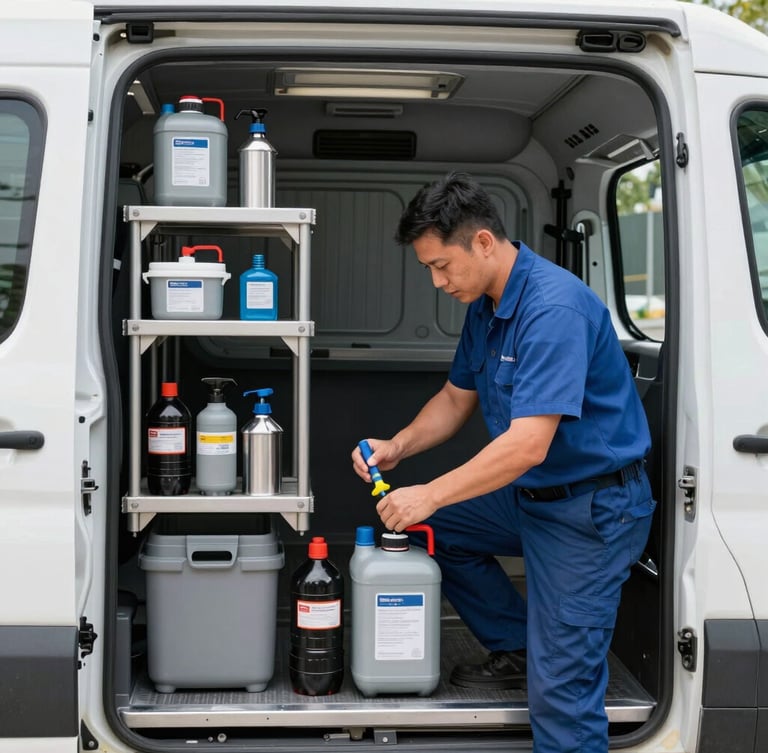 A professional crew member in a clean uniform organizing specialized cleaning equipment inside a spacious, organized commercial utility vehicle, bright natural daylight.