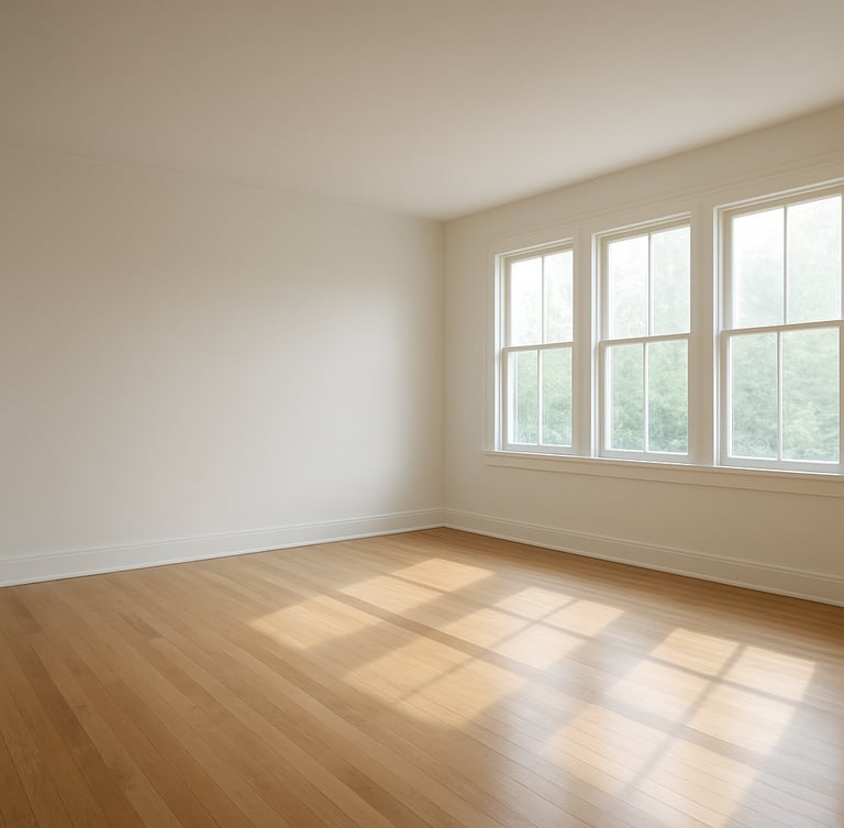 Wide shot of a clean, empty, light-filled room post-recovery, natural daylight streaming through large windows, pristine hardwood floors
