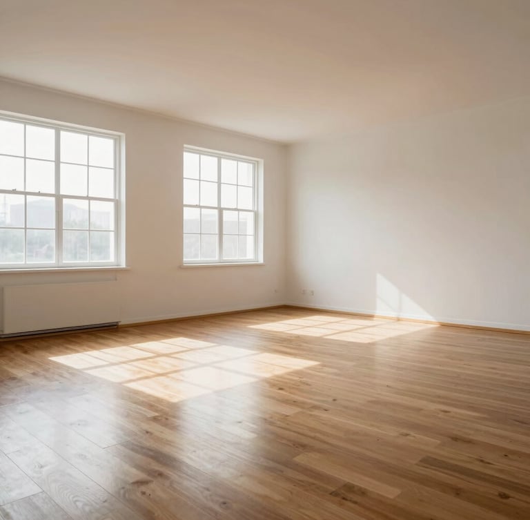 Wide environmental shot of a clean, light-filled empty room post-recovery, natural daylight streaming through large windows onto polished wood floors, professional and pristine.