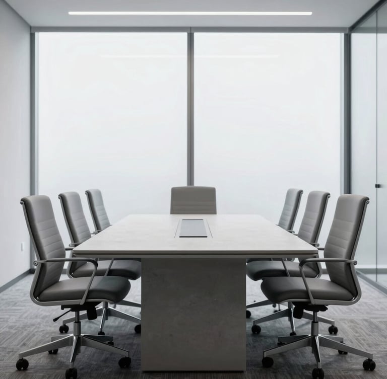 Straight-on eye-level architectural shot of a modern, empty corporate boardroom, minimalist slate-grey ergonomic chairs aligned perfectly along a concrete table, cool diffused natural light from large windows, 50mm lens.