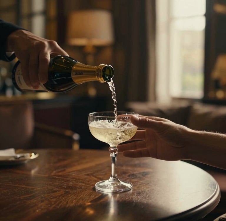 Cinematic portrait composition of a hand pouring champagne into a crystal coupe, warm low-key lighting, rich dark shadows, luxury hotel room background